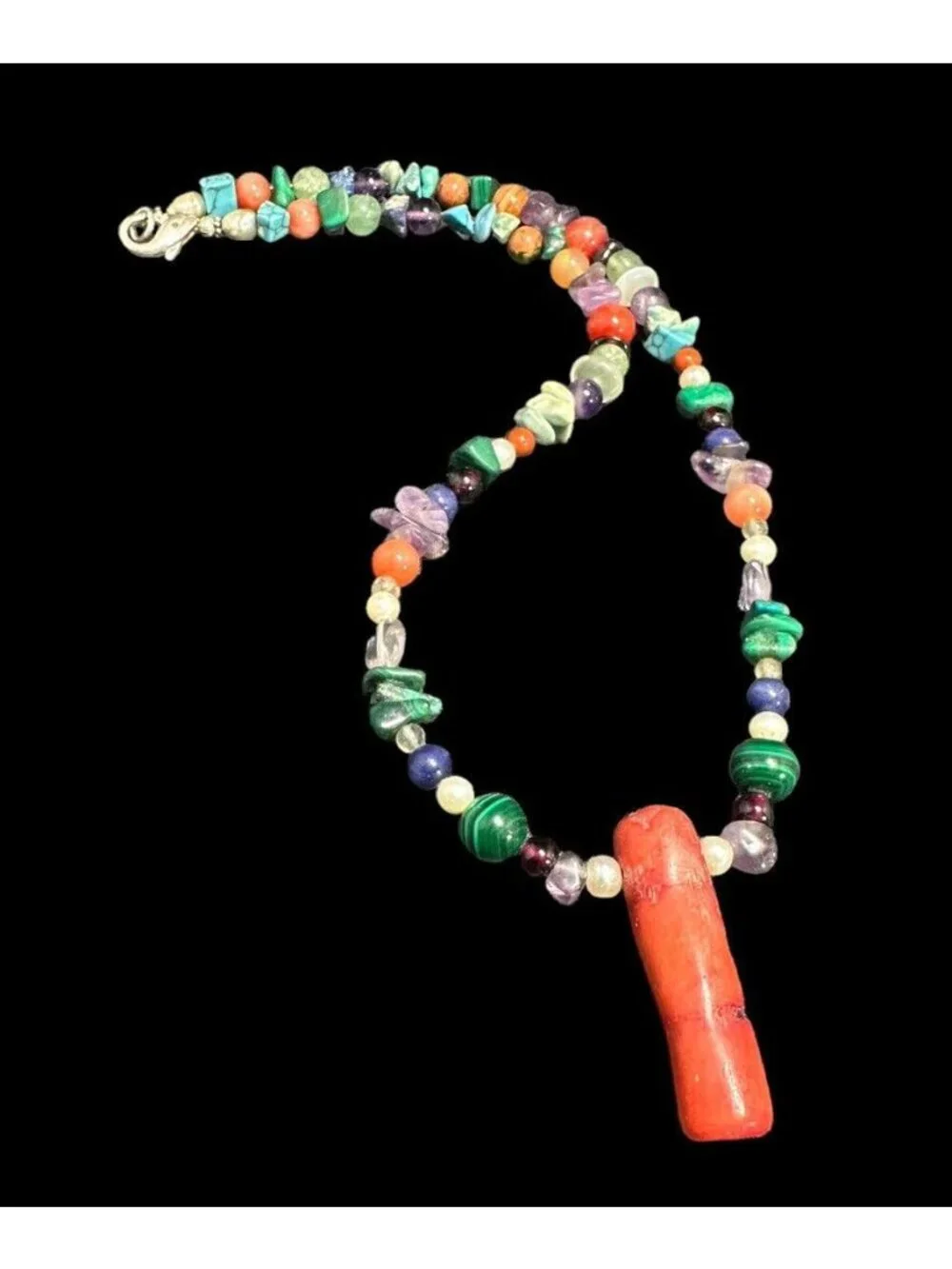 Southwestern Multi Gemstone Beaded Necklace 925 Clasp Coral Statement Pendant